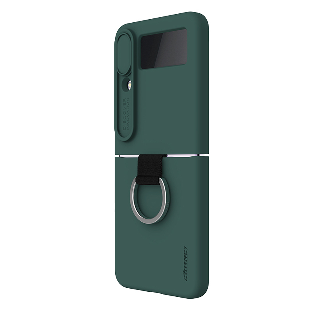 Чехол шелковистый темно-зеленого цвета от Nillkin для Samsung Galaxy Z Flip 4 5G, серия CamShield Silky Silicone, с защитной шторкой для камеры и кольцом
