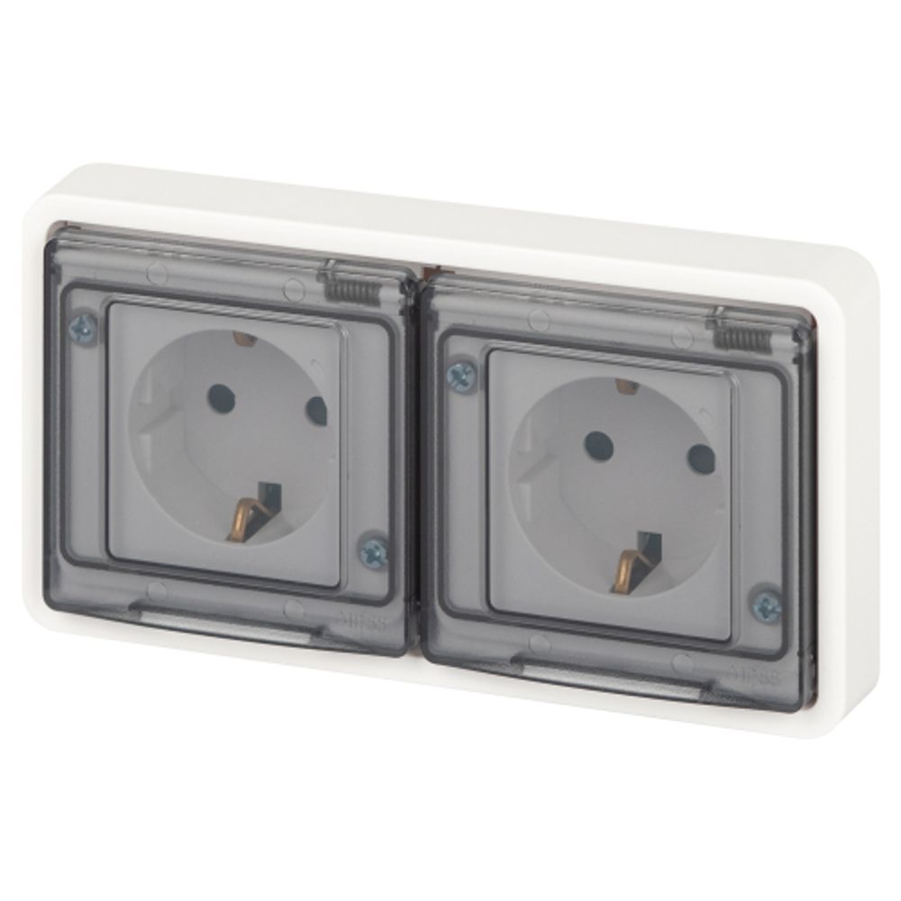 Розетка ЭРА Эксперт 11-2524-01 двойная с заземлением с крышкой 2х2P+E горизонт. IP55 шторки 16A-250В СУ белый | Эра Эксперт