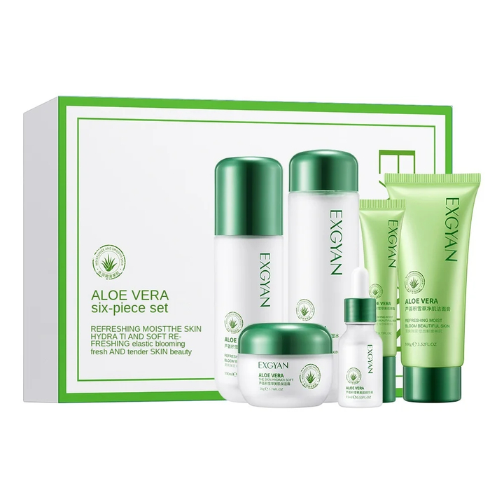 Набор косметики Exgyan для омоложения кожи лица с Алоэ Вера (пенка, крем, крем для век, тонер, эмульсия, эссенция)