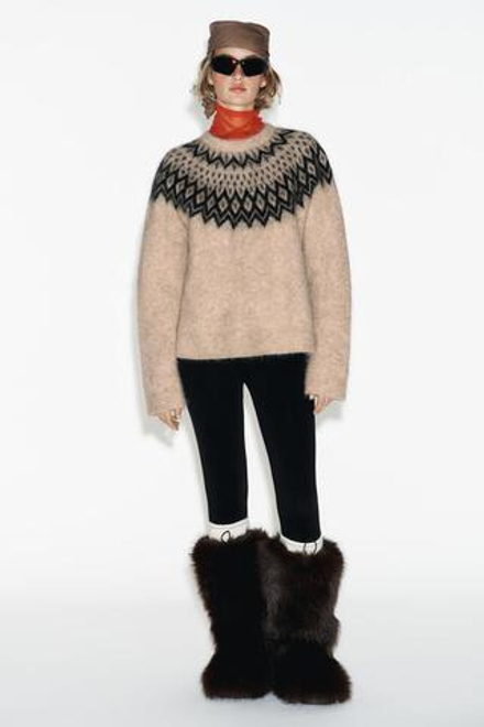 ZARA СВИТЕР ИЗ СМЕСОВОЙ АЛЬПАКИ С КОНТРАСТНЫМ УЗОРОМ, ЭКРЮ