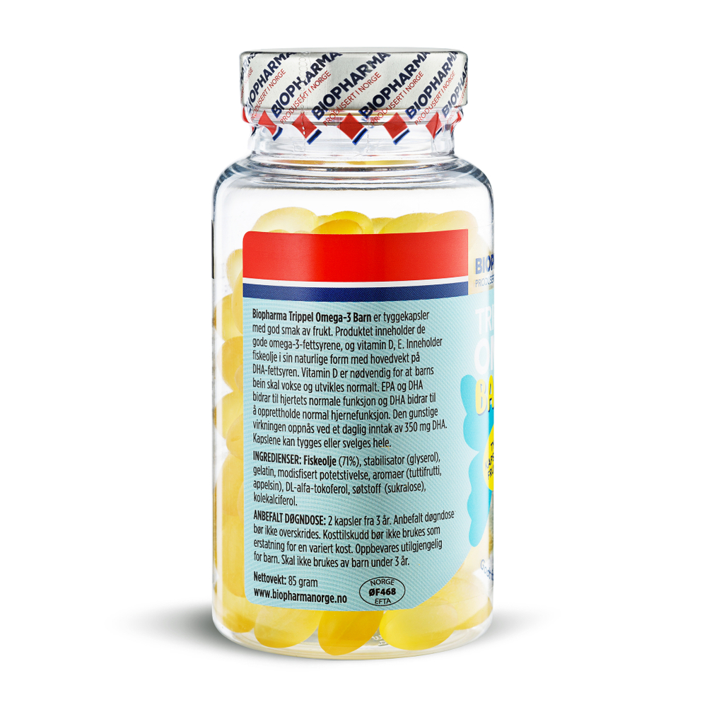 Омега 3 для детей с витамином Д3 Biopharma Trippel Omega-3 Barn, 120 жевательных капсул