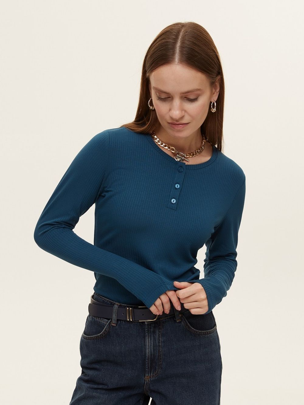 Лонгслив с пуговицами темно-бирюзовый