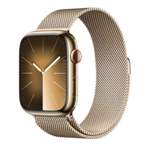 Часы Apple Watch Series 9 GPS + Cellular 45 мм, корпус нержавеющая сталь золото, миланский сетчатый браслет золотой