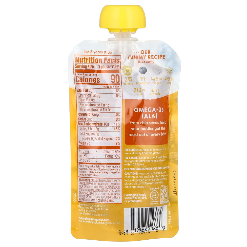 Happy Family Organics, Happy Tot®, Super Morning, для детей от 2 лет, органические бананы, голубика, йогурт, овес и чиа, 113 г (4 унции)