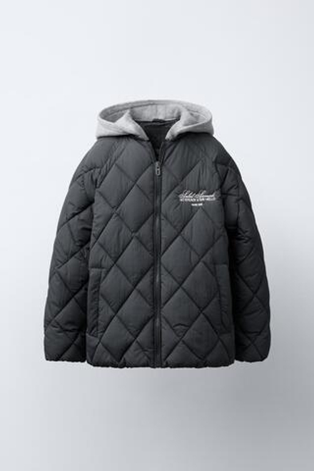 ZARA СТЕГАНАЯ КУРТКА С ОТСТЕГИВАЮЩИМСЯ КАПЮШОНОМ, СВИНЦОВЫЙ
