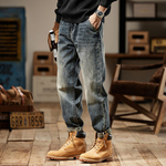 Американские ретро джинсы для мужчин, новые весенне-осенние микро-трапециевидные прямые свободные повседневные модные брендовые потертые брюки для мужчин
