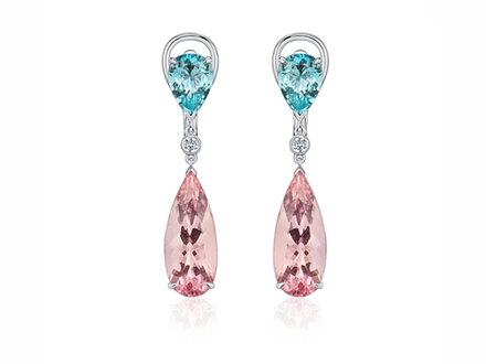 Серьги с аквамаринами и морганитами огранки "Груша" и бриллиантами