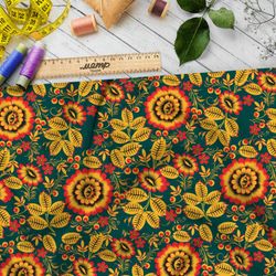 Ткань ниагара хохлома из небольших подсолнухов на зелёном фоне