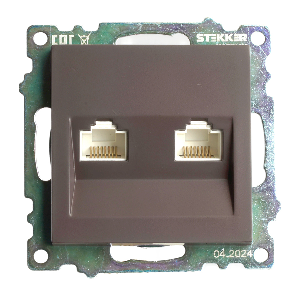 Розетка компьютерная 2-местная RJ-45 (механизм) STEKKER GLS00-7109-04, серия Катрин, шоколад 50006