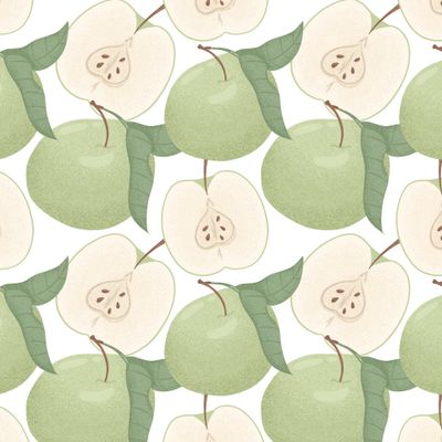 Яблочный паттерн. Зеленые сочные яблоки. Летние фрукты на белом фоне.