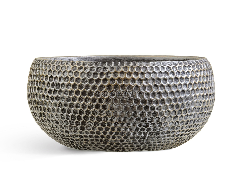 Кашпо TREEZ ERGO - серия Orien Metal - Низкая полусфера - Серебро с золотой патиной