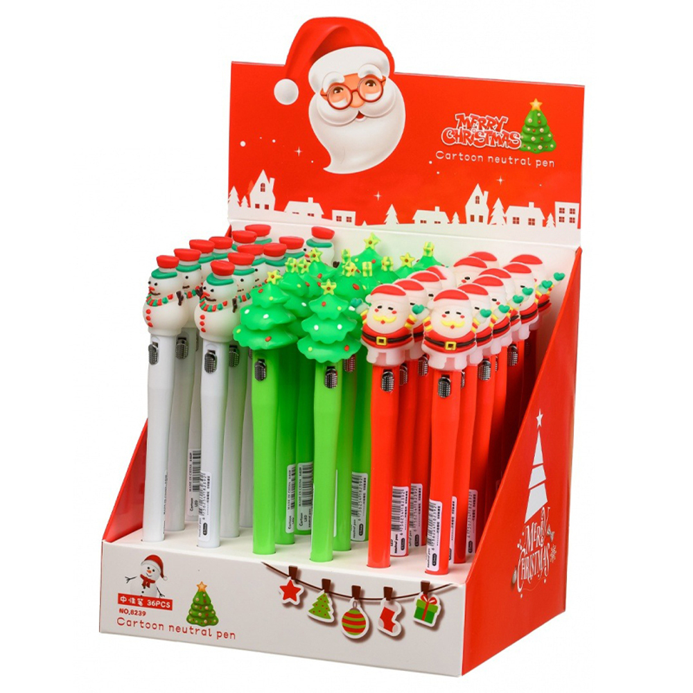 Ручка шариковая, Basir, синие чернила, серия "Новогодние", с резиновой фигуркой и фонариком, 36 шт