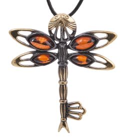 AM-4125 Подвеска «Ключик Стрекоза» (латунь, янтарь)