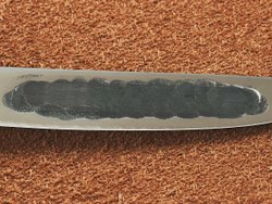 Малый шкуросъемный нож "Якут" с кованым долом, рукоять мореная карельская береза