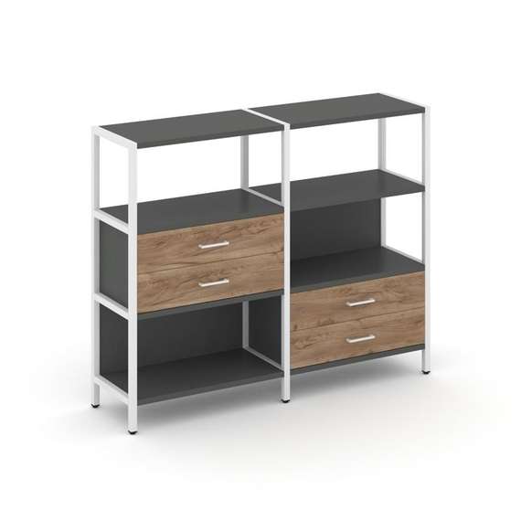 Shelf System Двухсекционный стеллаж трехярусный с ящиками SN.STM-323 Антрацит/Дуб Табак/Металл Белый