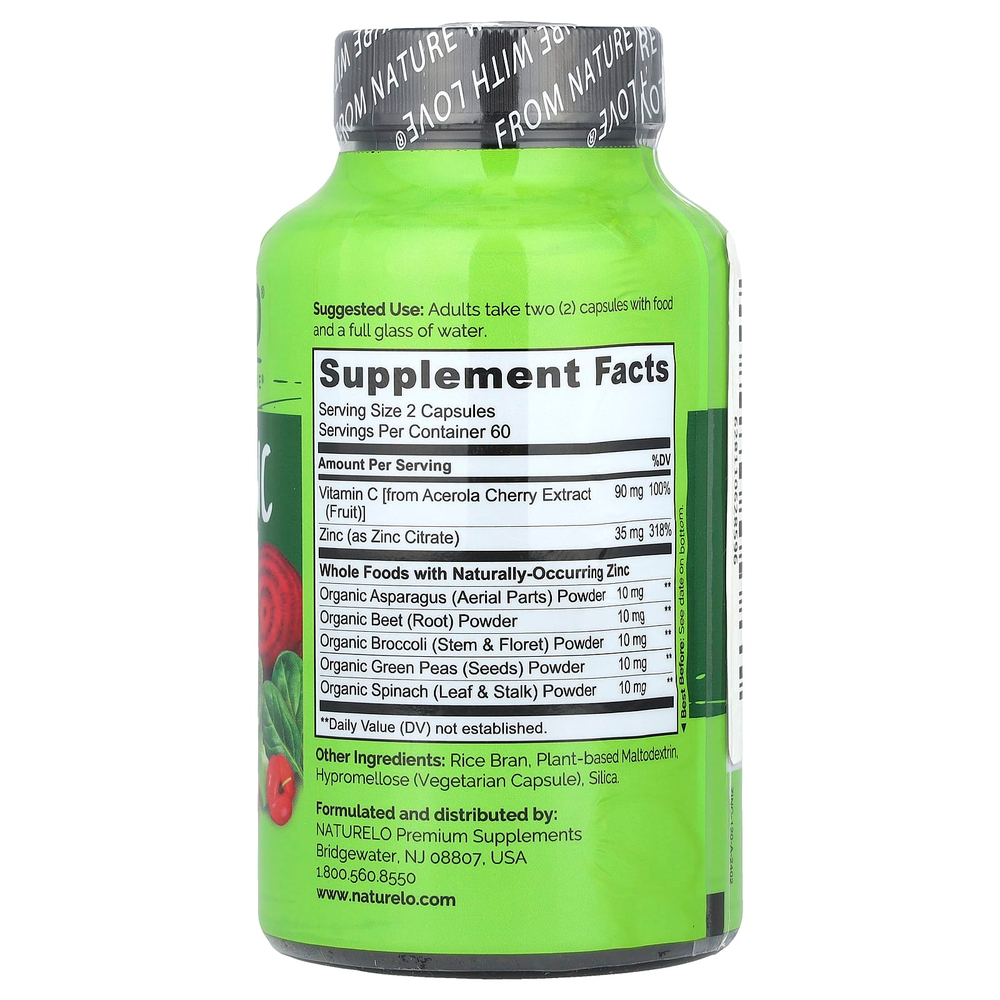 NATURELO, веганский цинк с витамином C, 120 вегетарианских капсул