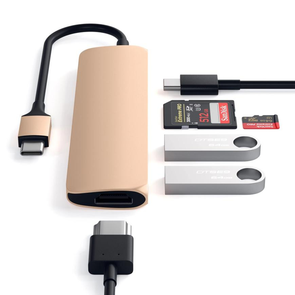 USB-Хаб Satechi Slim Multiport V2 (USB-C) (ST-SCMA2) Подключение: встроенный кабель USB-C. Порты: USB-C (PD 60 Вт), 2 USB-A 3.2 Gen 1, microSD UHS-I, SD UHS-I, HDMI (до 4K 60 Гц)