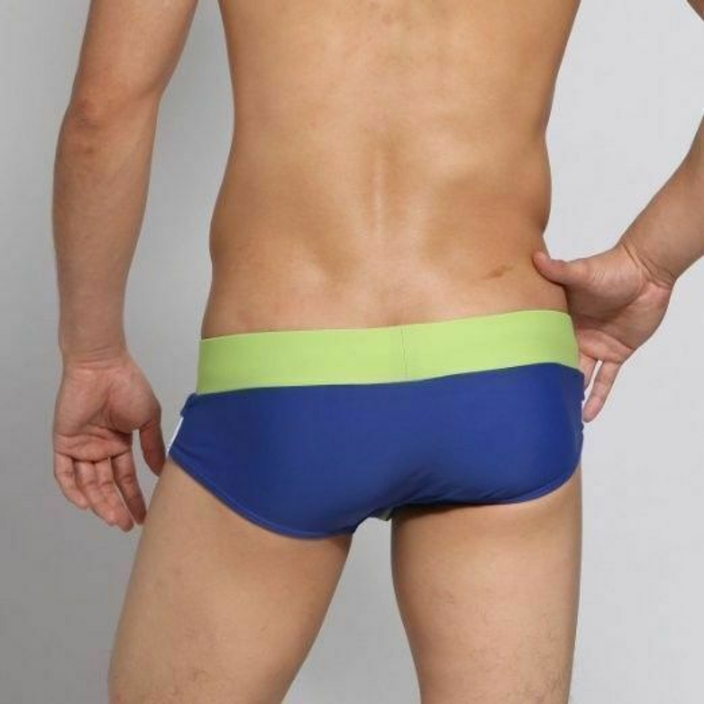 Мужские плавки брифы синие c салатовым поясом SEOBEAN