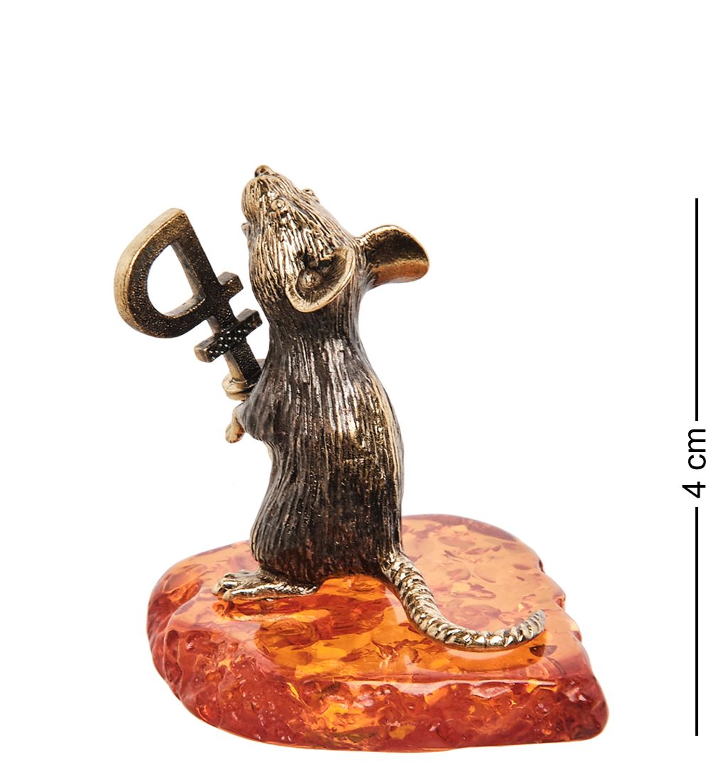 Народные промыслы AM-1677 Фигурка «Мышь с ложкой Рубль» (латунь, янтарь)