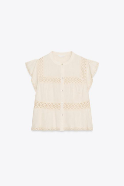 ZARA ТОП В СТИЛЕ РУСТИК С КРУЖЕВОМ КРОШЕ, СВЕТЛО-БЕЖЕВЫЙ