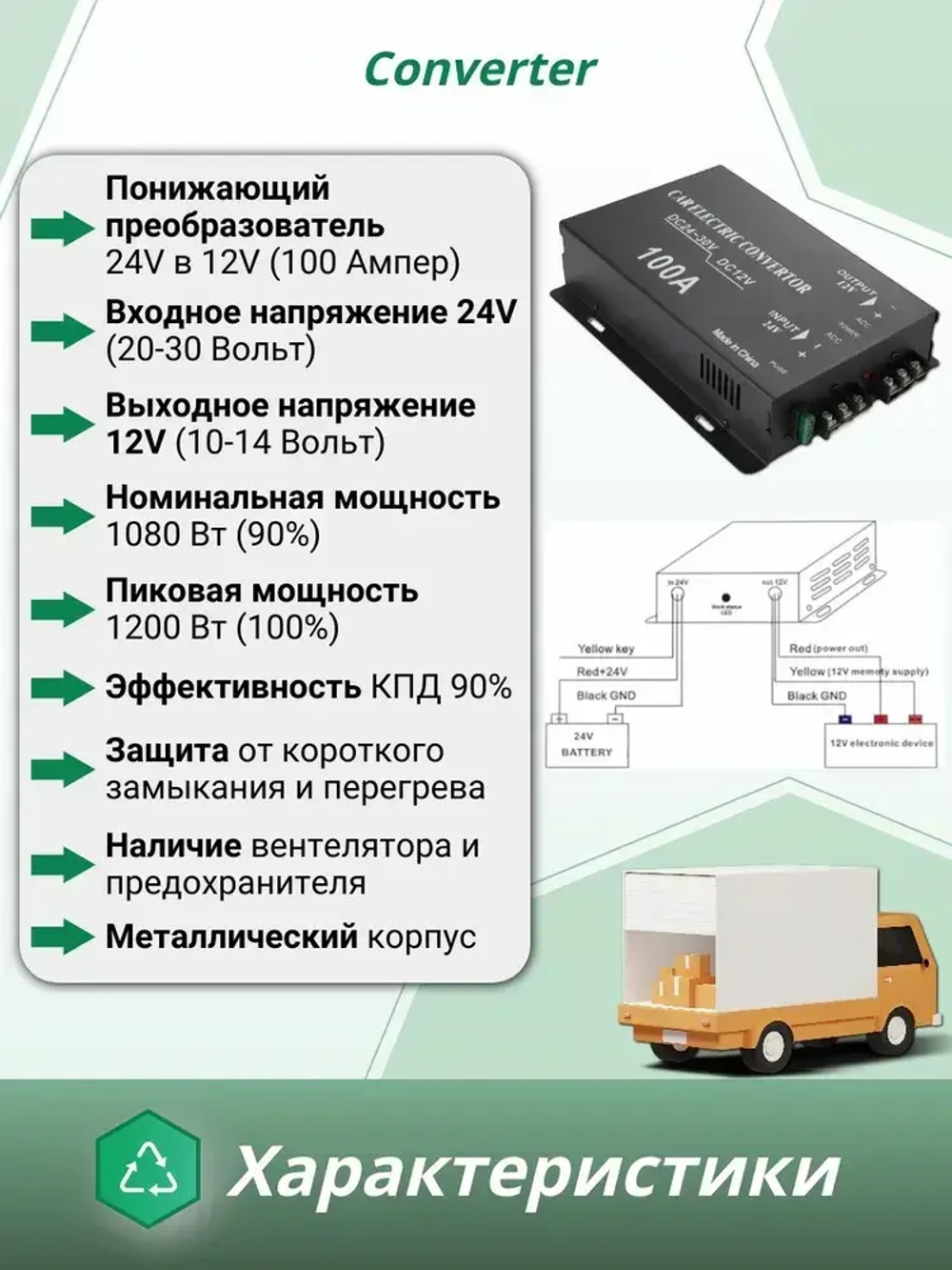 Преобразователь напряжения 24V в 12V, 100A (1200Вт), Инвертор автомобильный (Понижающий конвертор, Трансформатор)