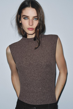 ZARA МЯГКОЕ БОДИ С ВОРОТНИКОМ-СТОЙКОЙ, КОРИЧНЕВЫЙ МЕЛАНЖ