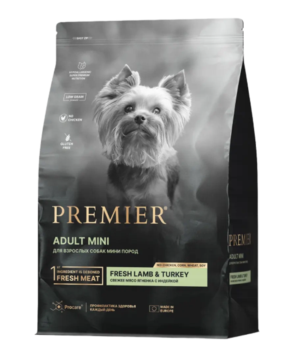 Сухой корм для взрослых собак Premier Dog Adult Mini мелких пород с чувствительным пищеварением ягненком с индейкой 3кг