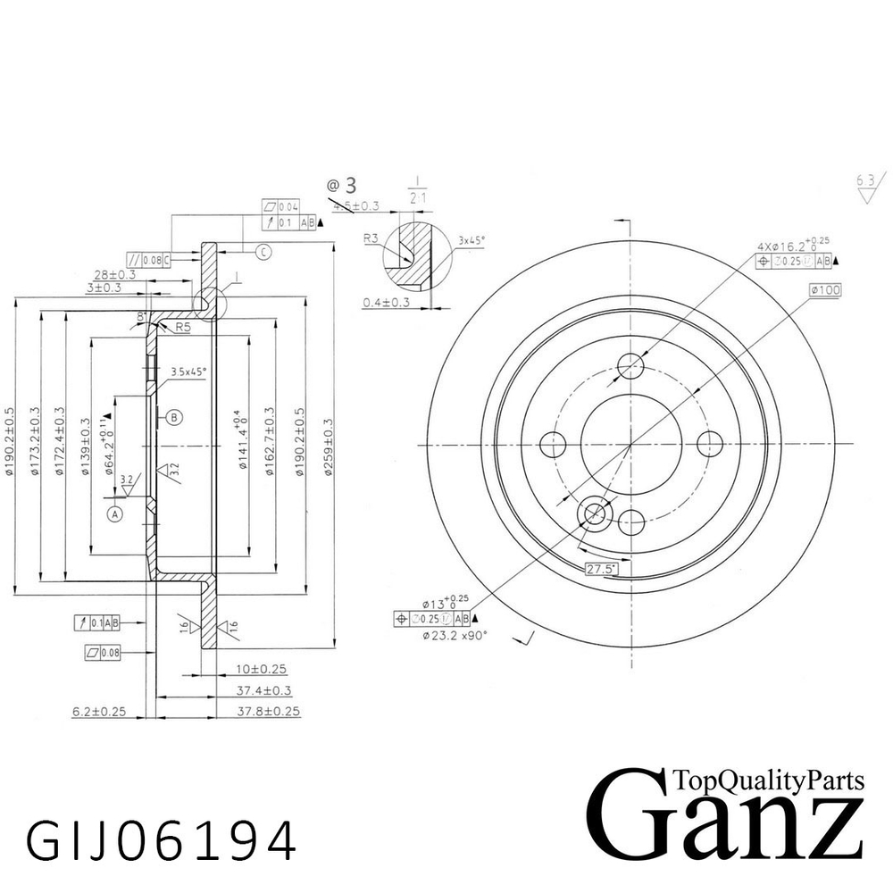 Диск тормозной задний с покрытием MINI MINI all 2006 /D=259mm GANZ GIJ06194