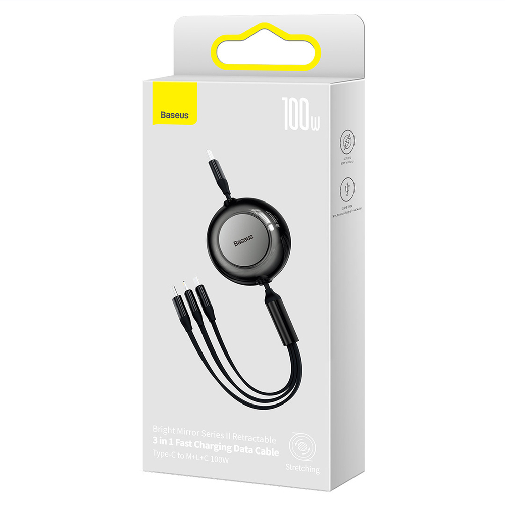 Кабель Baseus Bright Mirror II Series Retractable 3in1 Fast Charging Data Cable Type-C to M+L+C 100W 1.1m - Black