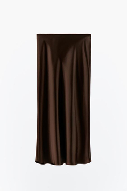 ZARA АТЛАСНАЯ ЮБКА МИДИ, КОРИЧНЕВЫЙ