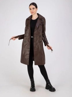 Тренч длинный кожаный с поясом плащ на весну