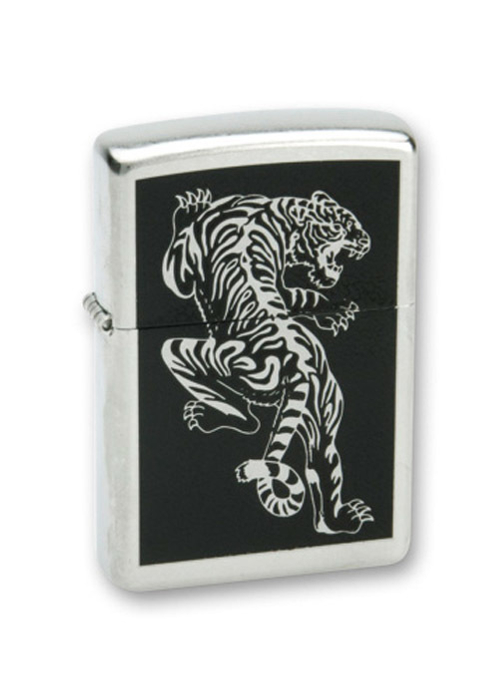 Легендарная классическая американская бензиновая широкая зажигалка ZIPPO Classic Brushed Chrome™ серебристая матовая из латуни и стали с изображением тигра ZP- 207Tigre