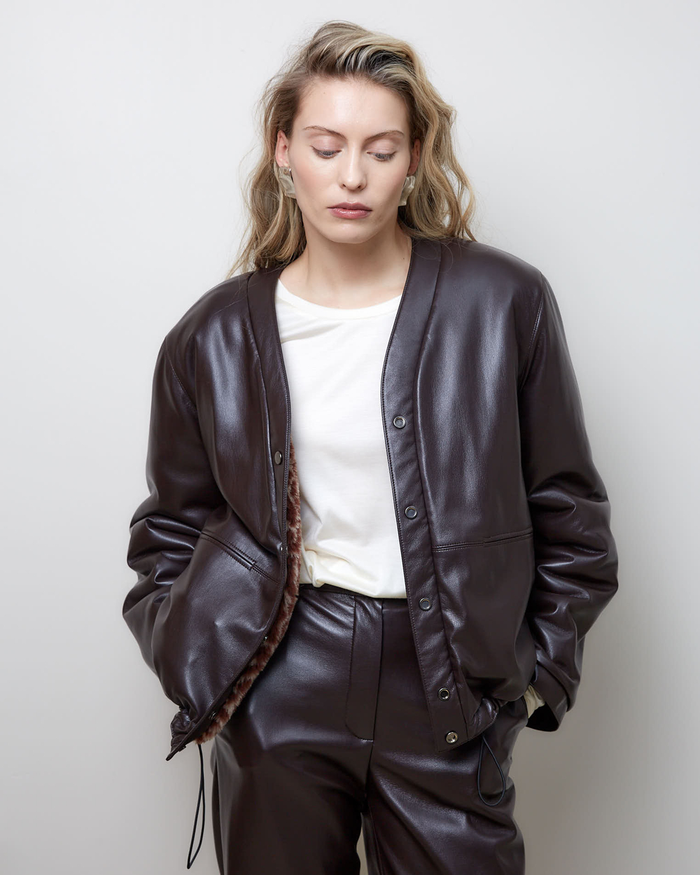 Куртка двухсторонняя из шерсти Стелла Маккартни и искусственной кожи шоколад