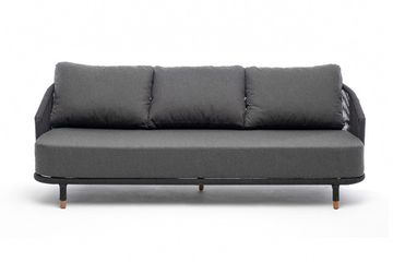 "Верона" диван 3-местный плетеный из роупа, каркас алюминий темно-серый (RAL7024) муар, роуп темно-серый круглый, ткань темно-серая 027