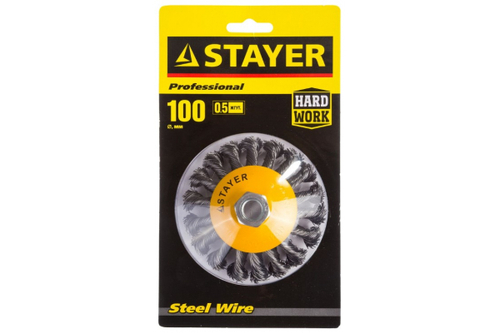 Щетка коническая PROFESSIONAL (100 мм; М14; плетеные пучки проволоки 0.5 мм) для УШМ STAYER 35135-100