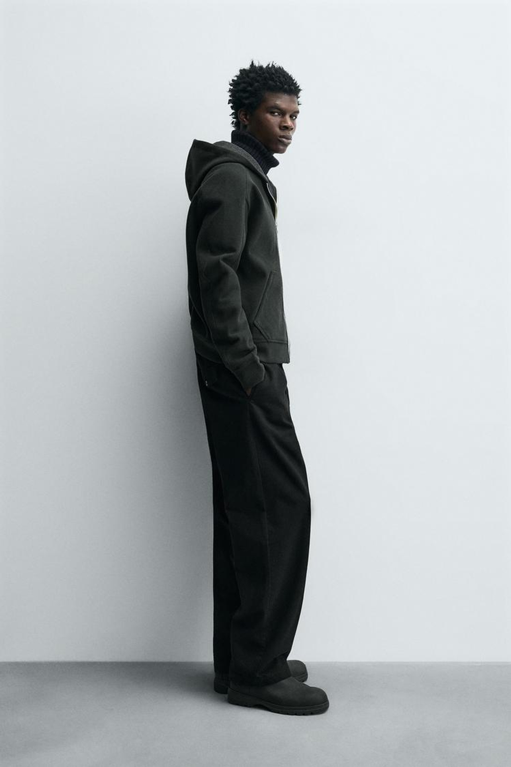 ZARA ФЕТРОВОЕ ХУДИ С КАПЮШОНОМ, ТЕМНО-ЗЕЛЕНЫЙ