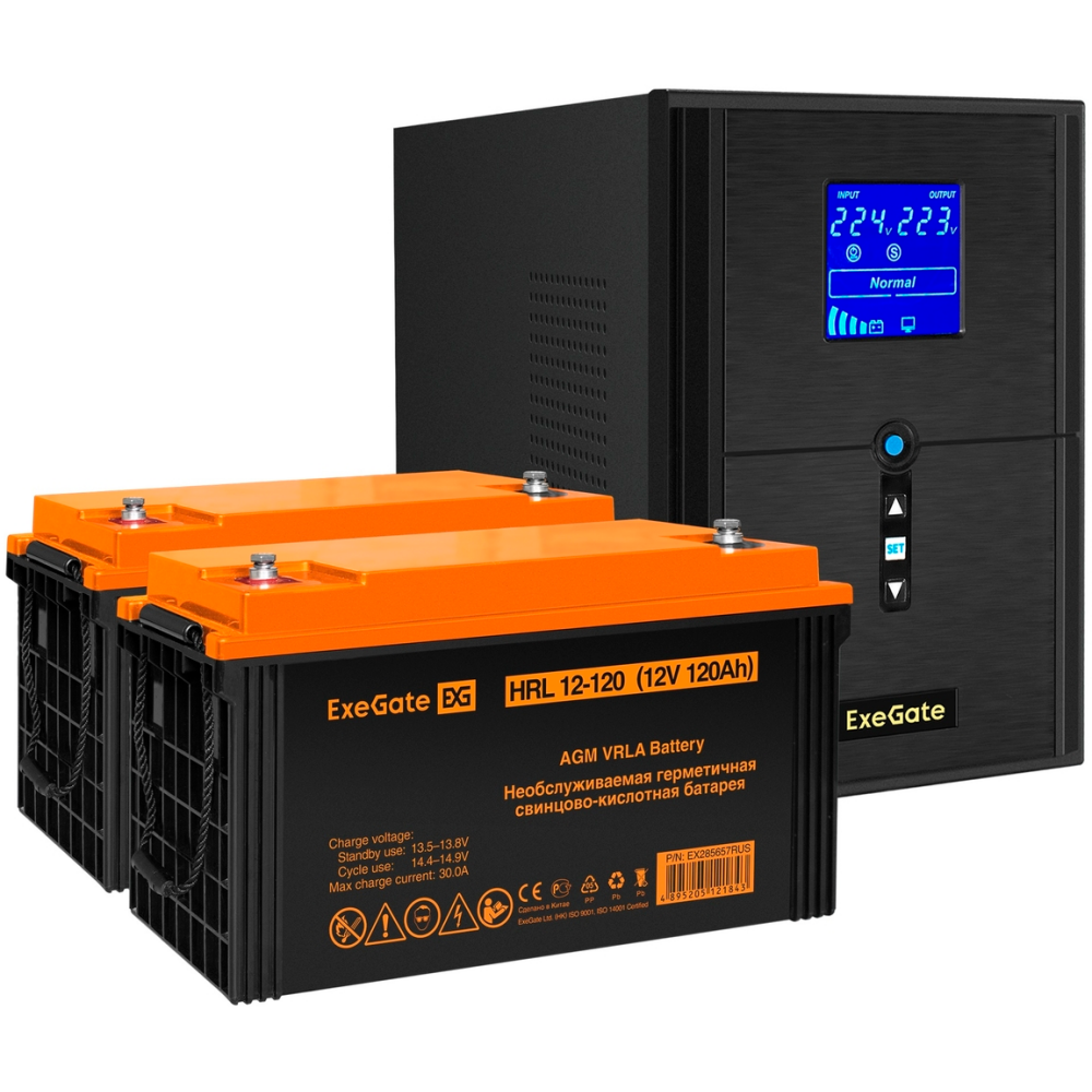 ИБП + батарея ExeGate SineTower SZ-2000.LCD.AVR.3SH.1C13.USB + 2x HRL 12-120 (120Ач)