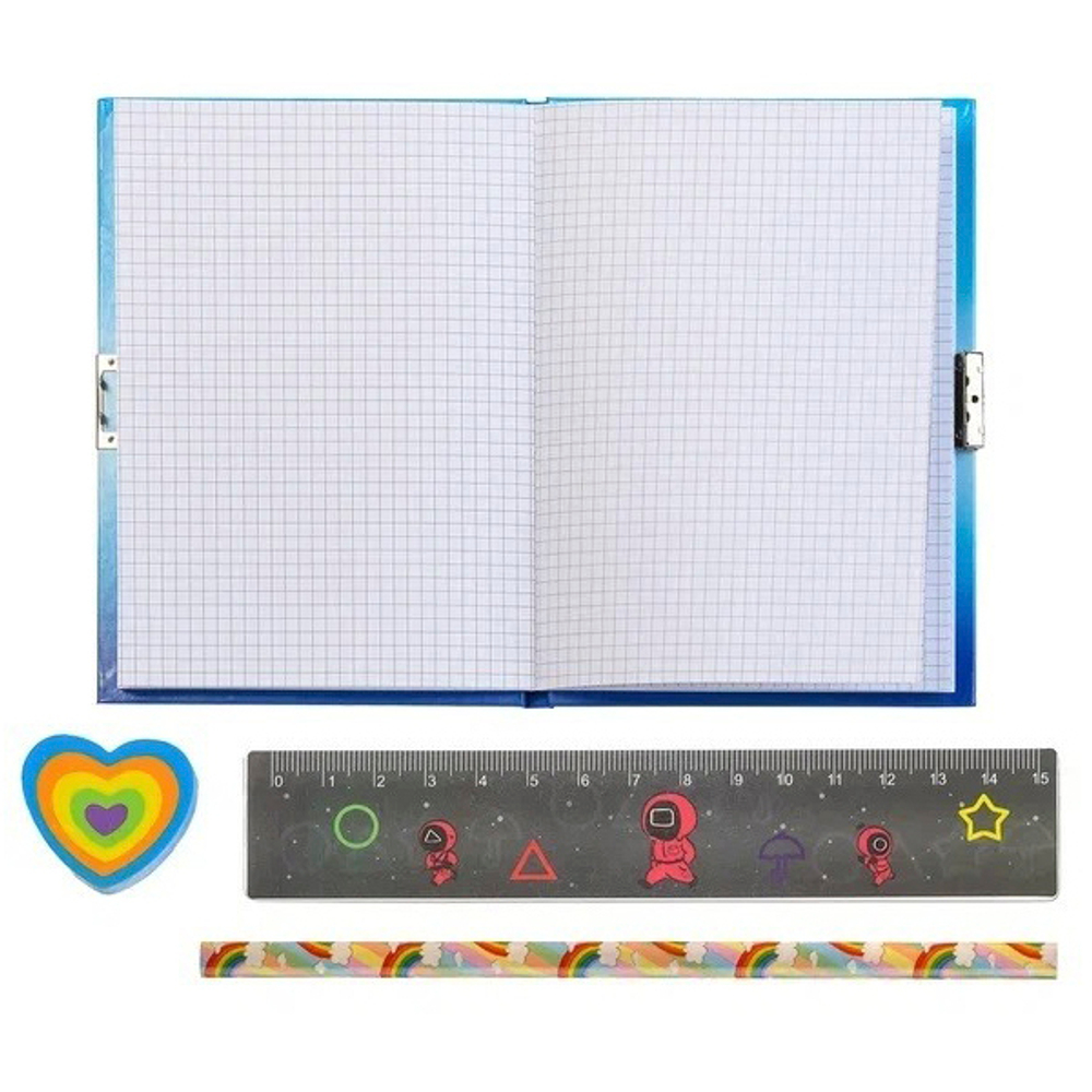 Блокнот детский Basir на замке, с карандашом, линейкой и ластиком, формат А6, серия "Кальмар", переплет 7БЦ, 15*11 см, 48 листов, ассорти