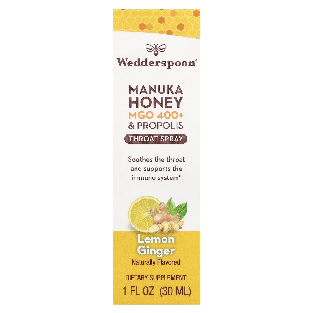 Wedderspoon, Спрей для горла с медом и прополисом Manuka, лимонный имбирь, MGO 400+, 30 мл (1 жидк. унц.)