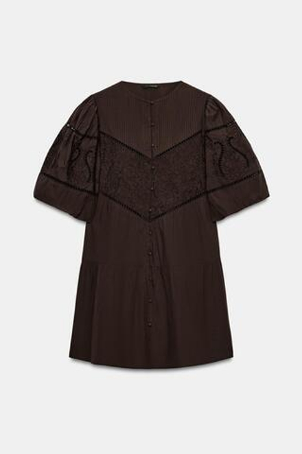ZARA МИНИ-ПЛАТЬЕ ИЗ ПОПЛИНА С ВЫШИВКОЙ, КОРИЧНЕВЫЙ