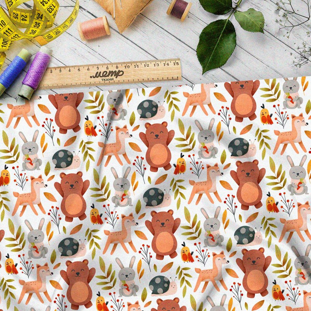 Ткань кулирная гладь радостные животные в лесу