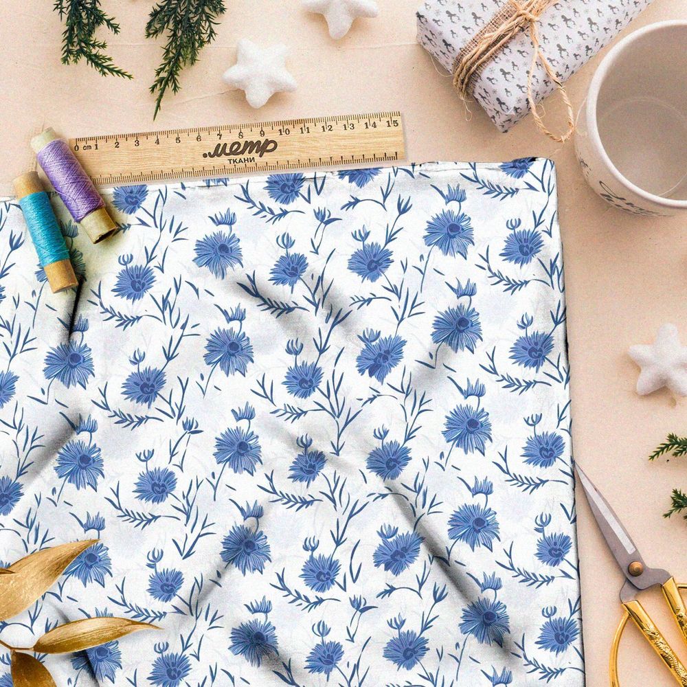 Ткань премиум бифлекс васильки на белом