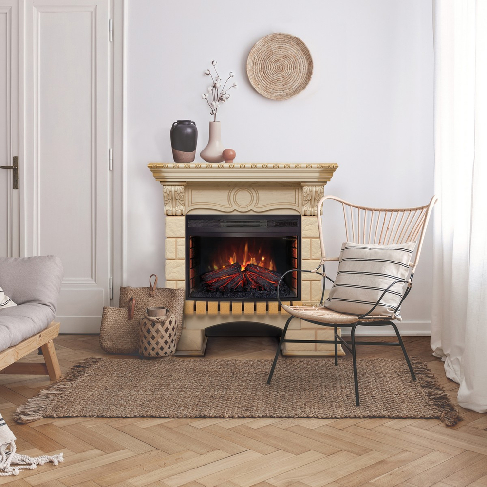 Электрокамин RealFlame Bolero WT белый дуб с золотой патиной с очагом Firefield 25 S IR