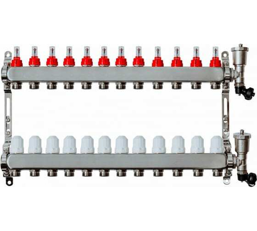 Коллекторная группа Grosseto с расходомерами 1"x¾" 12 выходов, нержавеющая сталь 10 бар универсальный кронштейн, автоматический воздухоотводчик
