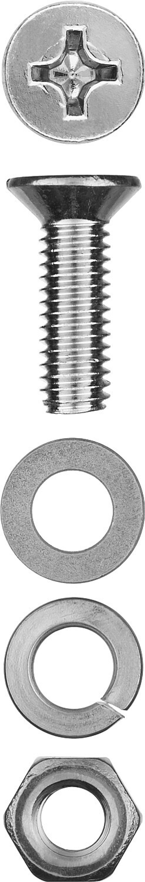Винт (DIN965) в комплекте с гайкой (DIN934), шайбой (DIN125), шайбой пруж. (DIN127), M4 x 20 мм, 25 шт, ЗУБР
