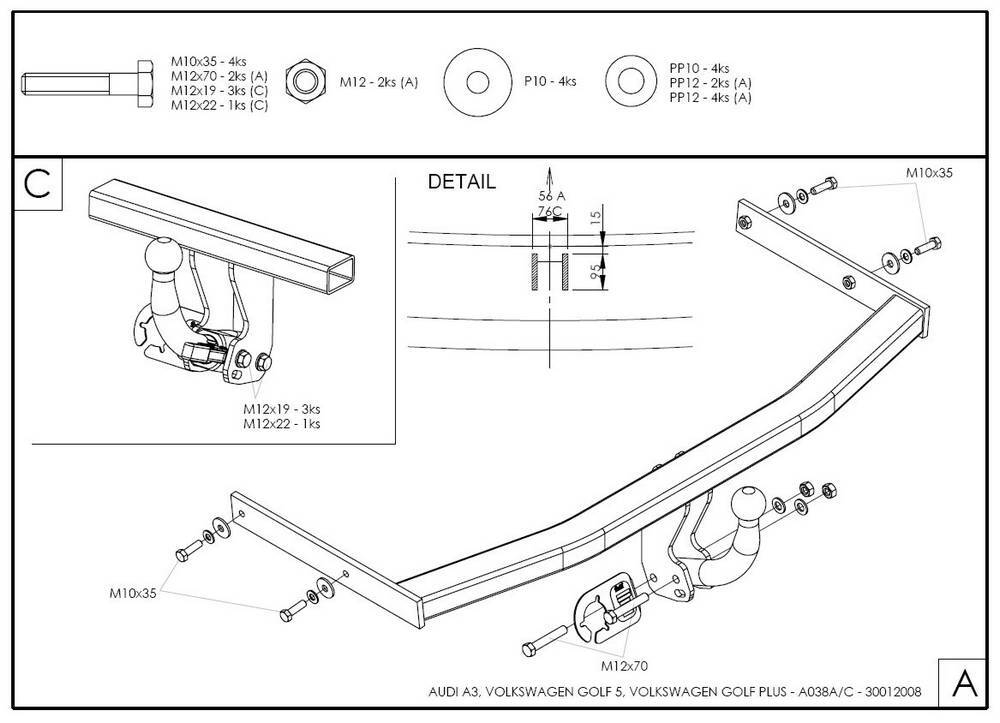 Фаркоп оцинкованный Galia A038A для Audi A3 2003-2008: хетчбек 3 двери, VW Golf V, VI, Plus хетчбек 3/5 дверей 2003-2008, 2008-2013 (2WD только)(паспорт и сертификат в комплекте)(без электрики)