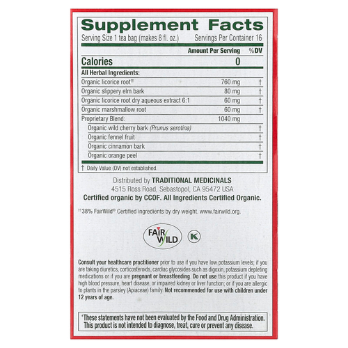 Traditional Medicinals, Organic ThroatCoat®, оригинальный продукт со скользким вязом, без кофеина, 16 запеченных чайных пакетиков, 32 г (1,13 унции)