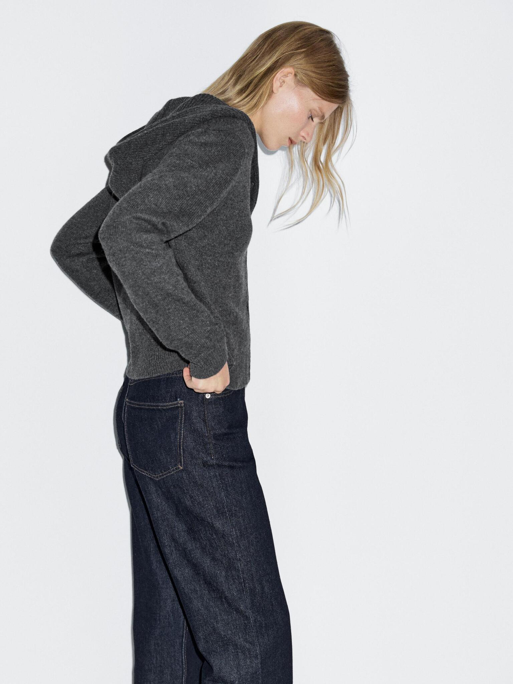 Massimo Dutti Кардиган из 100% шерсти с капюшоном, антрацитово-серый