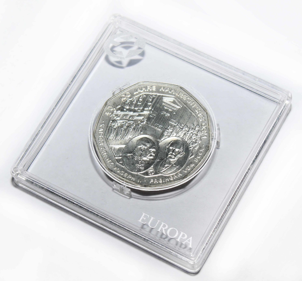5 евро. 100 лет реформе избирательного права. Австрия. Серебро. 2007 г. UNC. В оригинальной квадрокапсуле