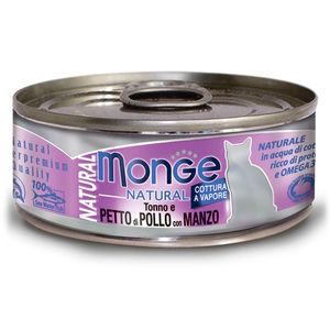 Влажный корм Monge Cat Natural для кошек, из тунца с курицей и говядиной, консервы 80 г